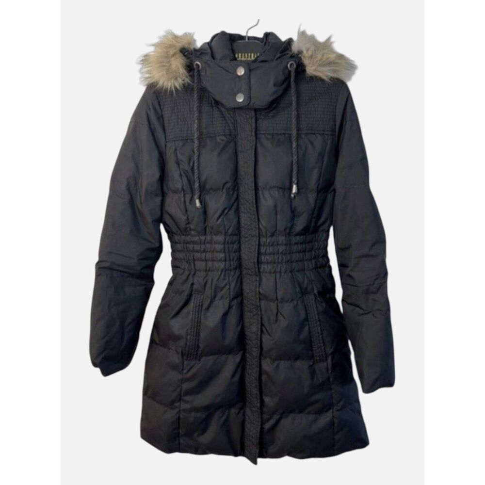 Juicy Couture Down Puffer Coat Black Faux Fur Hood Long Winter Jacket Size L
